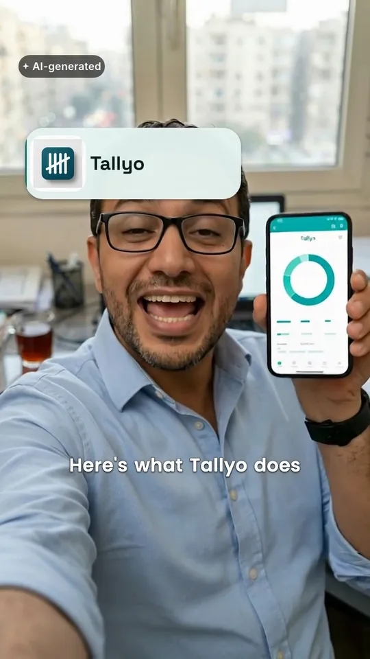 An 8-second vertical ad for Tallyo, an invented budgeting app: Omar, an AI actor, holds a phone showing the Tallyo app to camera and says, “Here's what Tallyo does: every bill and every card on one screen, and what's left to spend.” Captions, a product call-out and an AI-generated label are laid over the clip.