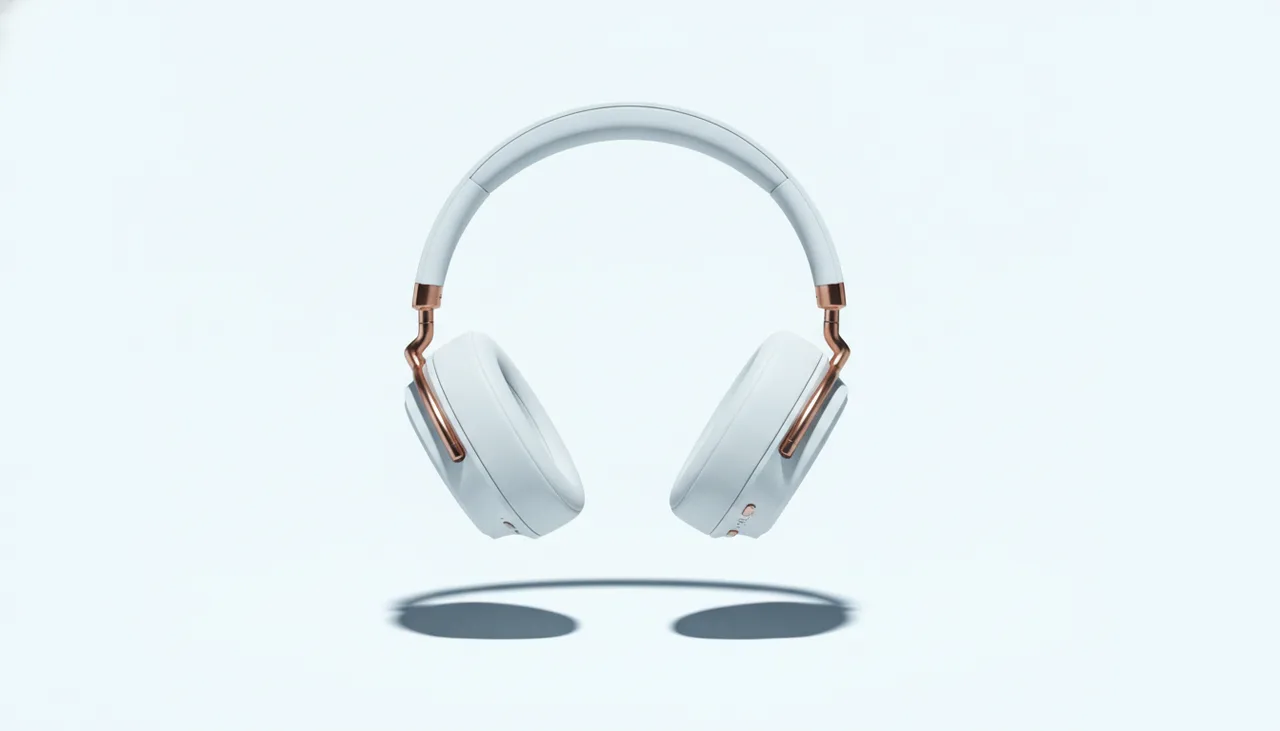 Still from the Preview ad direction by mood template: Cold and clinical: the headphone floating in a white void with a single hard shadow, product-catalogue precision, blue-grey light.