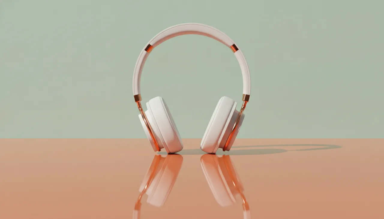 Still from the Preview ad direction by mood template: Playful pop: the headphone on a glossy tangerine surface against a mint wall, hard flash, bold and flat.
