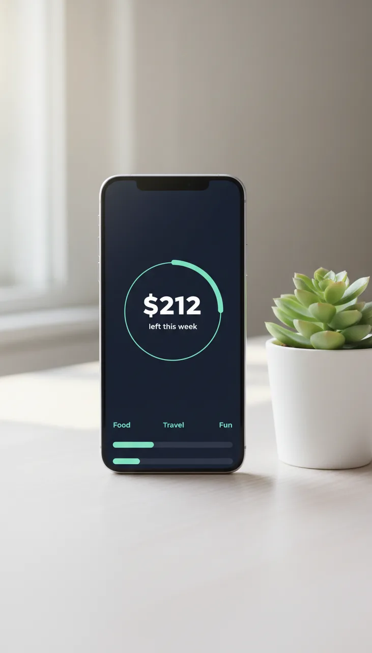 Still from the App screen promo template: Vertical product photograph: a modern smartphone standing upright on a pale desk beside a small plant, its screen showing a clean budgeting app — a large white "$212" with "left this week" beneath it, a thin mint progress ring and three short rows labelled "Food", "Travel" and "Fun", on an ink-navy background. Soft daylight, shallow depth of field. No logos.