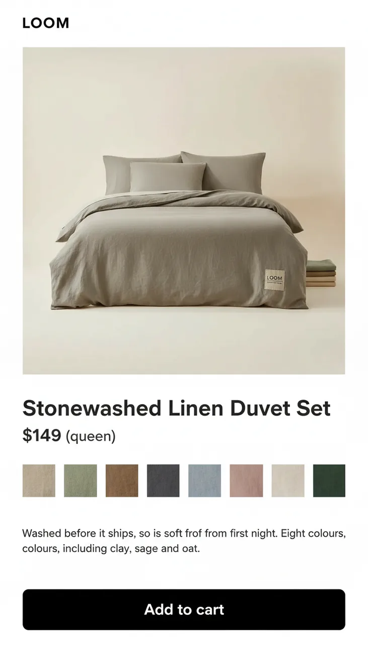 Still from the Green-screen reaction template: A vertical mobile shop page screenshot for a bedding brand called Loom: a large photo of a bed made with rumpled clay-coloured linen like the reference, then the title spelled exactly "Stonewashed Linen Duvet Set", the price "$149", a row of eight small colour swatches and a black "Add to cart" button. Clean white interface, crisp readable type, no browser bar. No star ratings, no reviews.