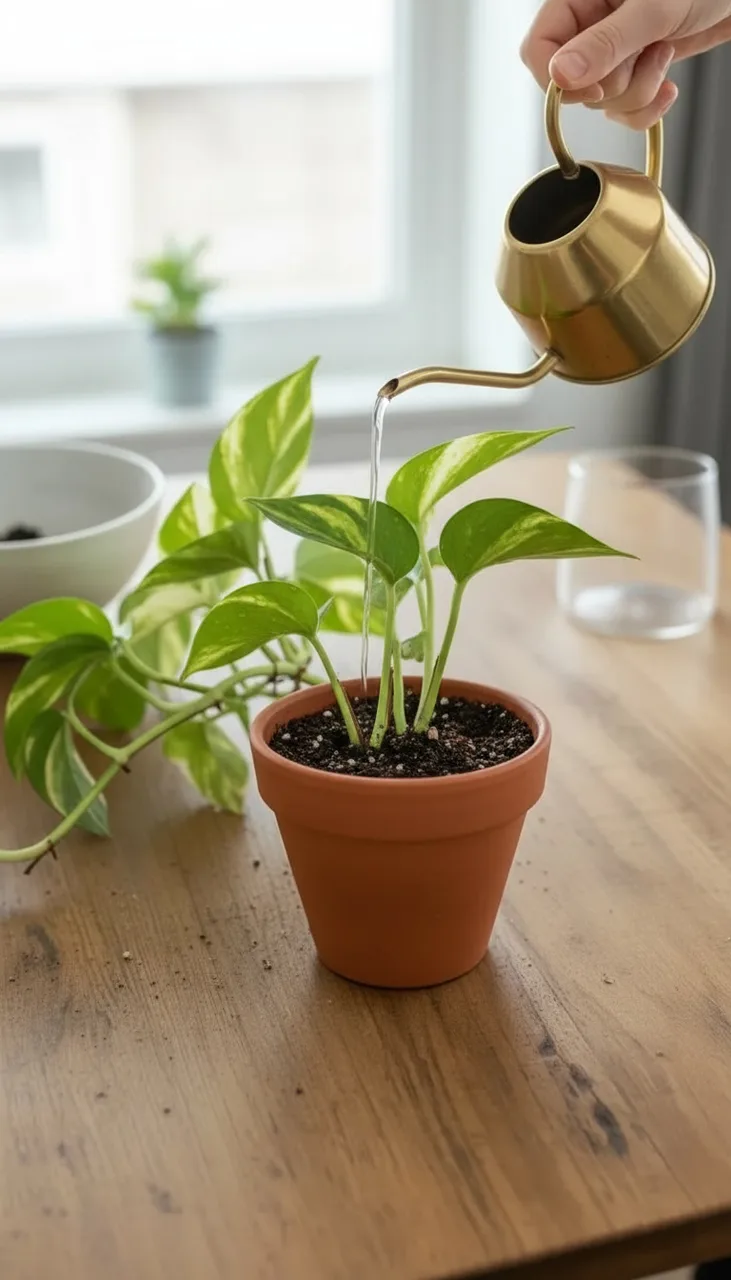 Still from the How-to in three steps template: Show only step 3 — vertical close photo on the same table and in the same light as the reference, a moment later: the pothos is now planted in the terracotta pot, its stems rising out of the fresh dark mix, and a small brass watering can pours water onto the soil around it, droplets on the leaves. No text.