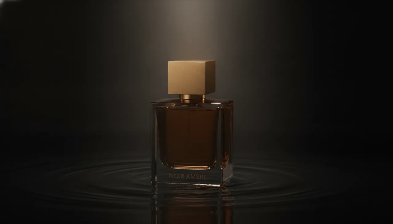 Still from the Luxury product reveal template: The bottle half-submerged in dark still water, ripples just settling, a single shaft of light from above.
