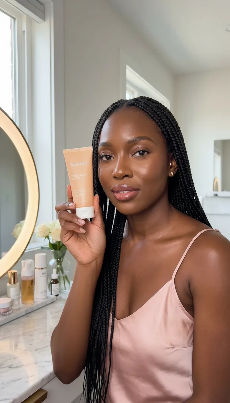 Still from the One product, three AI influencers template: Vertical photo in the same place and light as reference image 1: the woman from reference image 1 holds the sunscreen tube from reference image 2 up beside her cheek, peach label turned to the lens, fingers natural and manicured. Confident, warm expression, mouth closed. Photorealistic polished lifestyle photo, flattering soft light, real skin texture under the makeup. Tasteful and fully clothed. No text or captions.