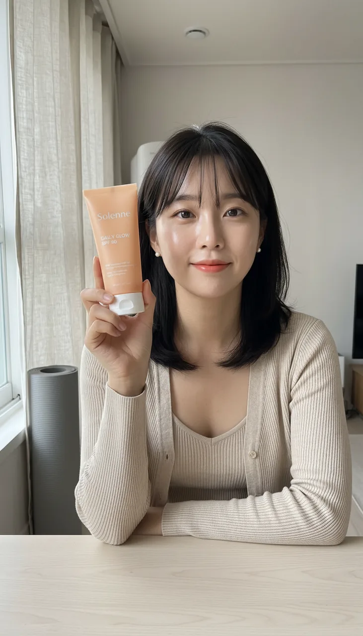 Still from the One product, three AI influencers template: Vertical photo in the same place and light as reference image 1: the woman from reference image 1 sits at her pale wood table and holds the sunscreen tube from reference image 2 up beside her face, peach label turned to the lens, fingers natural. Calm, gentle smile, mouth closed. Photorealistic polished lifestyle photo, soft morning light, real skin texture under the makeup. Tasteful and fully clothed. No text or captions.