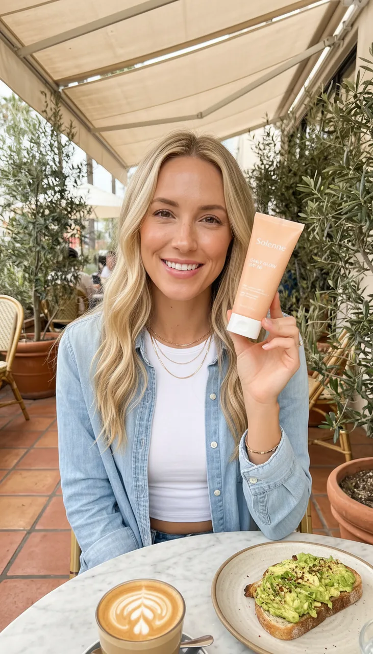 Still from the One product, three AI influencers template: Vertical photo in the same place and light as reference image 1: the woman from reference image 1 sits at the café table and holds the sunscreen tube from reference image 2 up beside her face, peach label turned to the lens, fingers natural. Bright, friendly smile, mouth closed. Photorealistic polished lifestyle photo, warm sunlight, real skin texture. Tasteful and fully clothed. No text or captions.
