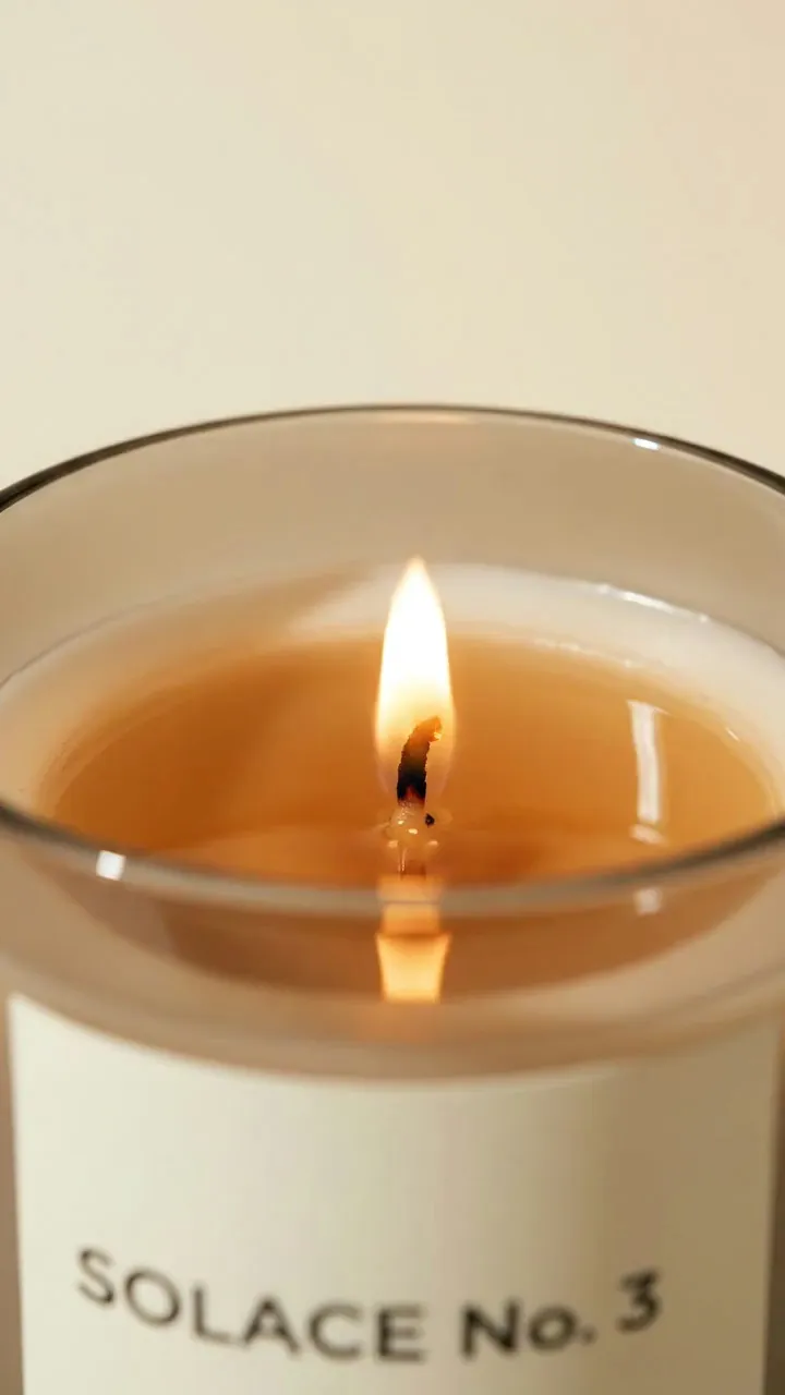 Clip from the Product photoshoot → video ad template: Macro: the flame sways once and settles, the melted wax shimmers, and a thin ribbon of smoke curls up and fades. Sound: a soft crackle. No music, no on-screen text.