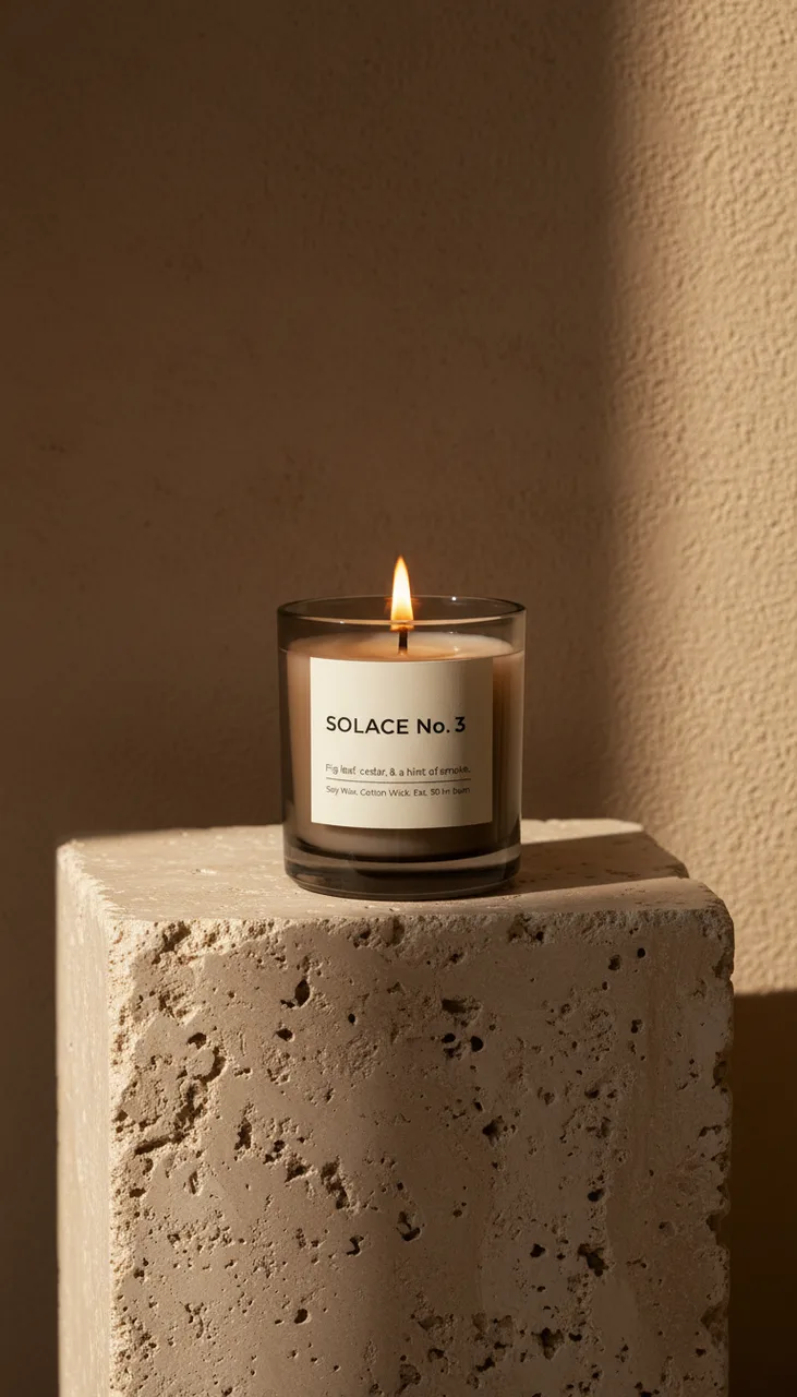 Still from the Product photoshoot → video ad template: Vertical campaign photograph: the candle from the reference, lit, standing on a rough travertine plinth against a warm plaster wall, a single low shaft of late sun across it, deep soft shadows, quiet luxury. No added text.