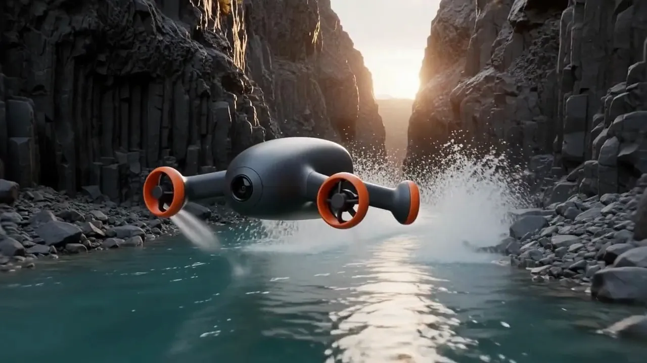 Clip from the Product action film template: One continuous shot. The drone races up the gorge just above the river, banking around a bend, its rotor wash throwing a backlit trail of spray. The camera flies backward ahead of it at its speed, keeping it centred and the same size; the drone's shape and colours never change. No cuts, no other aircraft, no text.