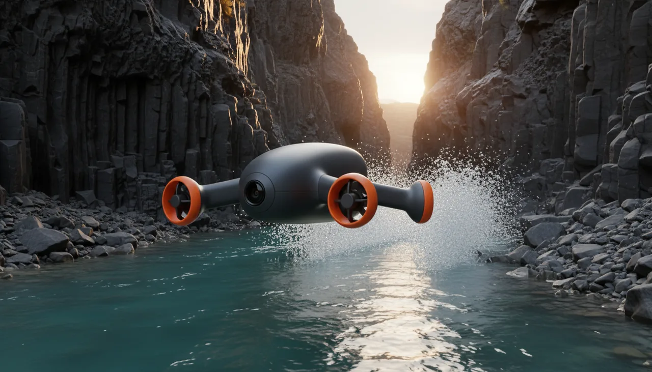 Still from the Product action film template: The drone races a metre above a turquoise river through a narrow basalt gorge, seen three-quarter front from slightly ahead, centred in the middle third of the frame; its rotor wash throws a trail of white spray behind it, backlit by low sun. No text.