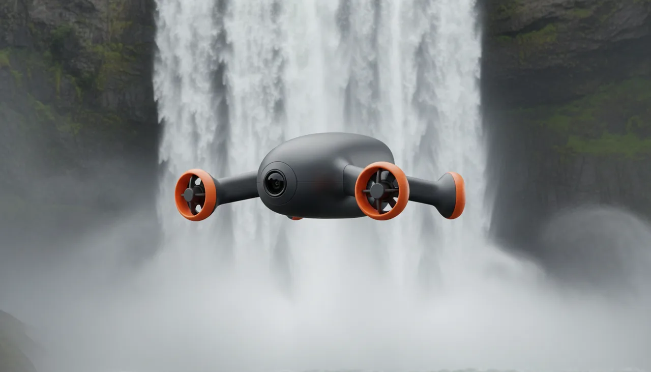 Still from the Product action film template: The drone hovers before a tall waterfall, white water filling the frame behind it, mist drifting, the orange rims the only warm colour; the drone centred. No text.