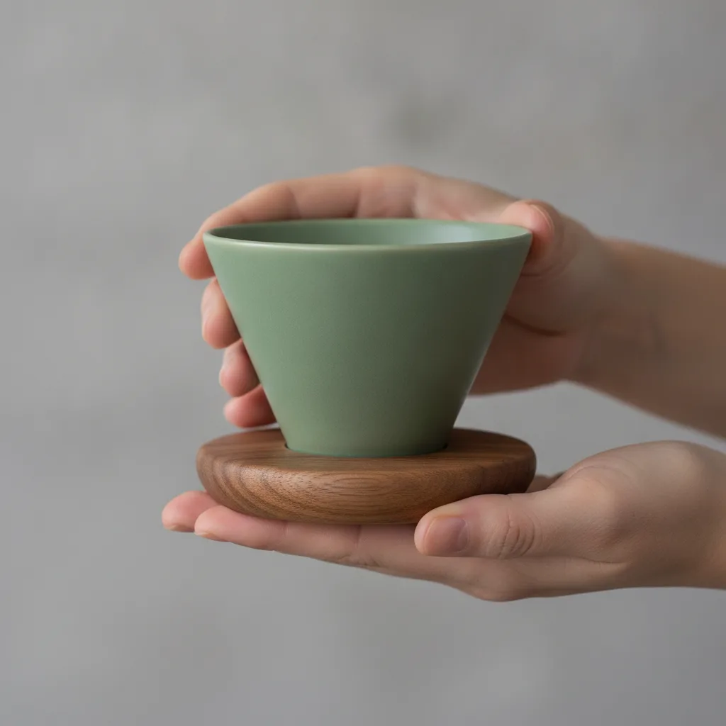 Still from the Product showcase template: Held in two hands, close, soft studio backdrop, product photography.