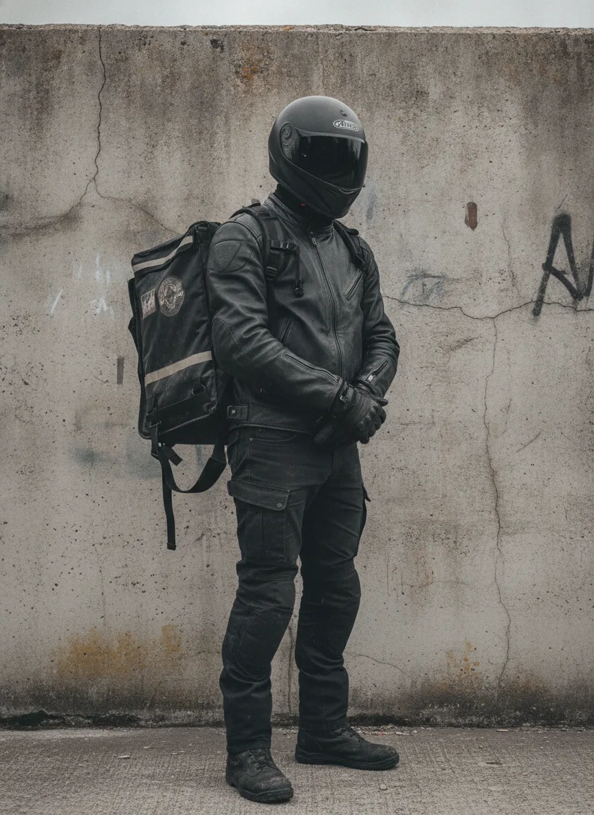 Still from the Prop test on character template: A courier in a scuffed black motorcycle jacket and dark visor helmet, full-length on a plain concrete wall, overcast light, photographic.
