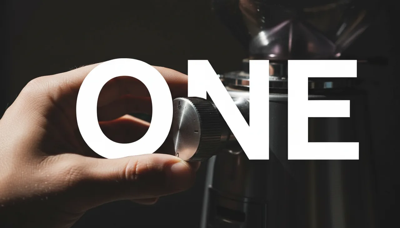 Still from the Social thumbnails template: Video thumbnail: a hand turning the dial of an espresso grinder one click, dramatic side light, the word ONE in huge white letters.