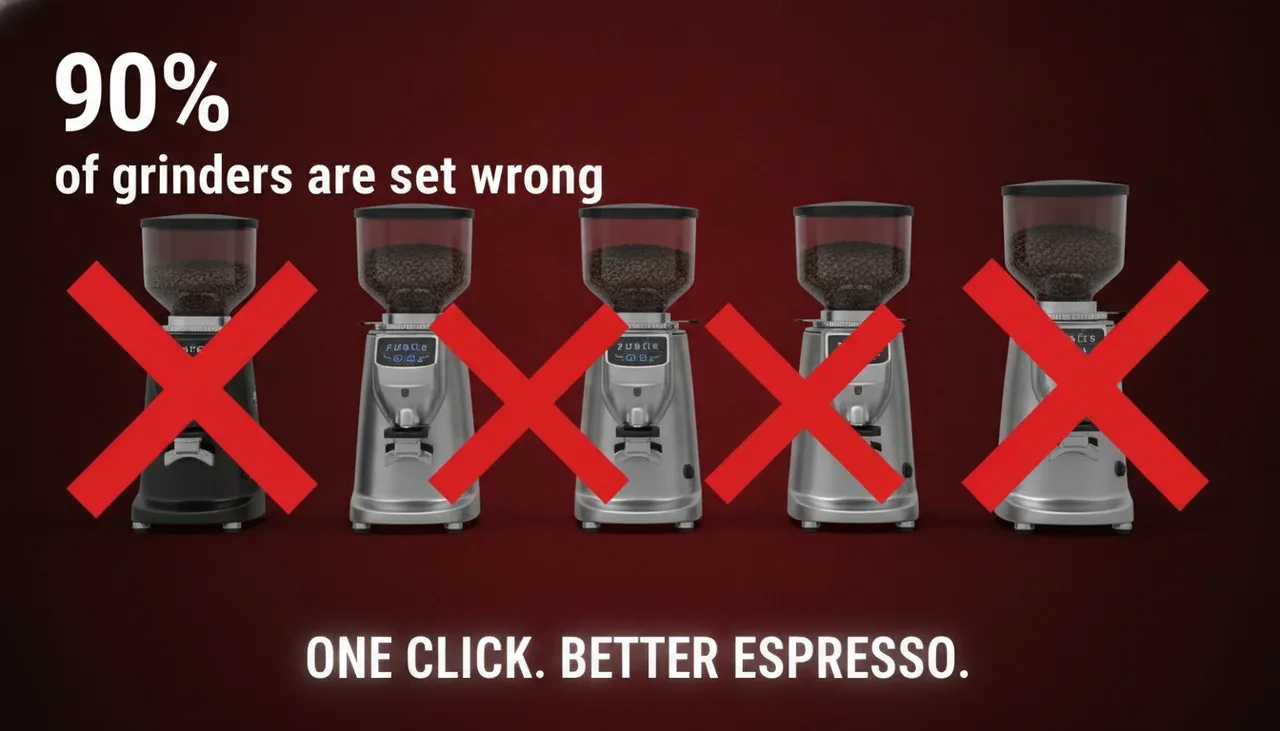 Still from the Social thumbnails template: Video thumbnail: a row of five espresso grinders, four crossed out in red, the text 90% in huge white letters.