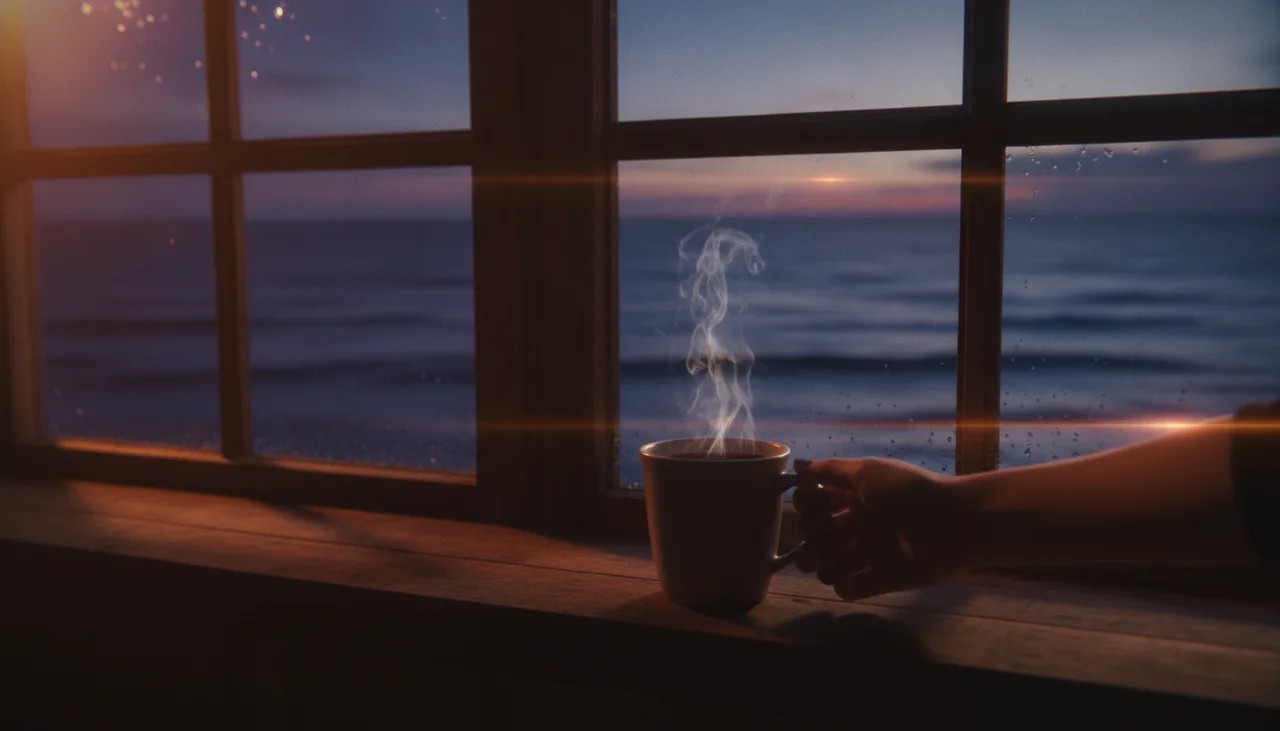 Still from the Storyboard to clip template: Cinematic, anamorphic, warm interior light against blue dusk outside.