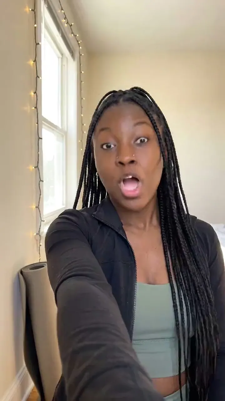 Clip from the Three hooks, one body template: Selfie-style vertical video: she pulls a face and says the quoted line, word for word, then laughs. Handheld phone camera, natural morning light. No music, no subtitles, no on-screen text.